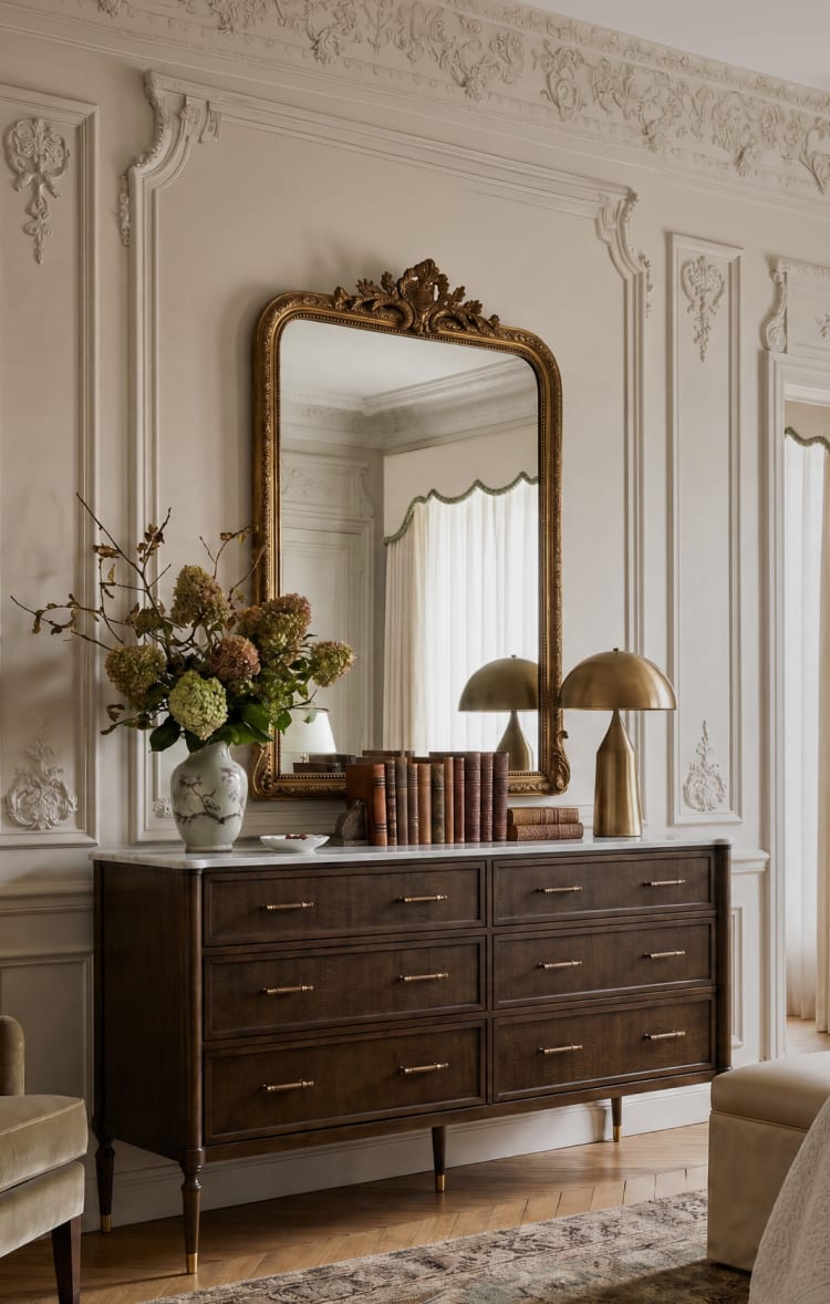 A refined bedroom featuring a dark wood dresser